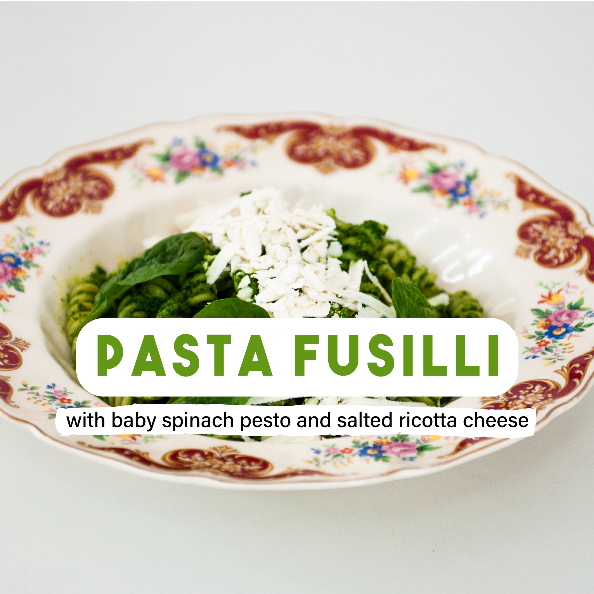 Pasta Fusilli with baby spinach pesto and salted ricotta cheese