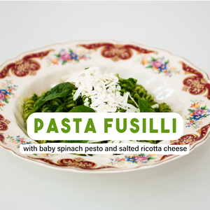 Pasta Fusilli with baby spinach pesto and salted ricotta cheese